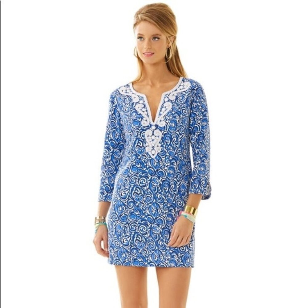 LILLY PULITZER JULIANNA DRESS WOMEN XL EMBROIDERED BLUE BOHO COASTAL